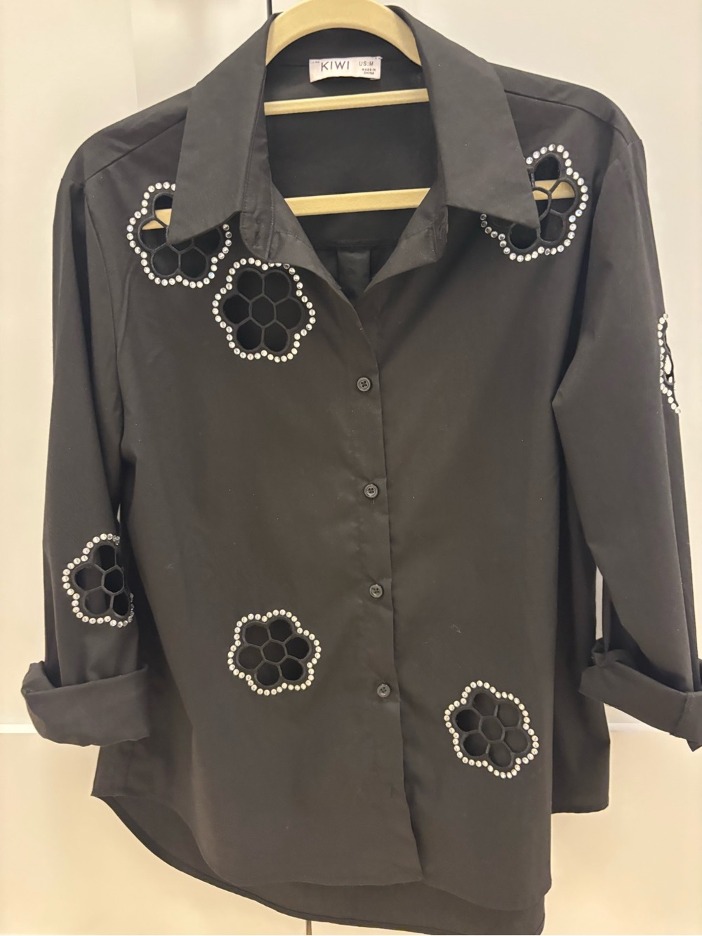 Kiwi Black Button-Down Shirt with Beaded Floral Appliqués